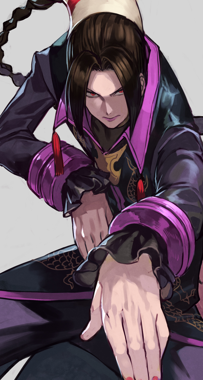 1girl black_jacket braid brown_hair closed_mouth duo_lon fighting_stance fingernails grey_hair highres hungry_clicker jacket long_hair long_sleeves looking_at_viewer nail_polish parted_bangs red_eyes red_nails serious simple_background solo the_king_of_fighters the_king_of_fighters_2003