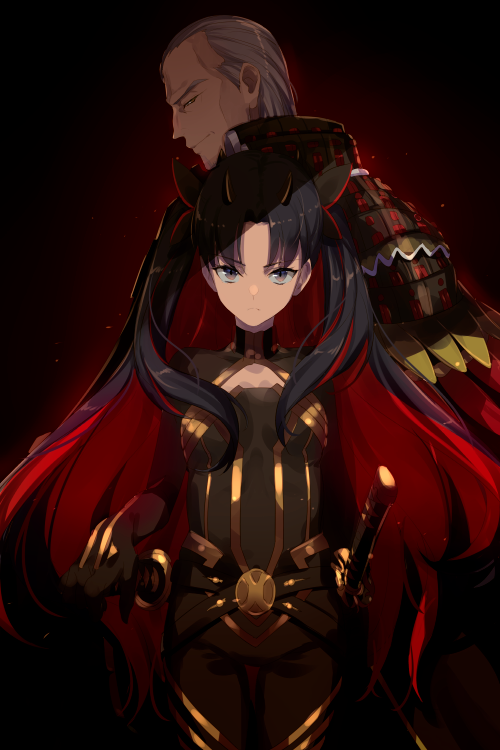 1boy 1girl armor black_armor black_bodysuit black_hair bodysuit breasts cleavage_cutout clothing_cutout echo_(circa) facial_hair fate/grand_order fate_(series) goatee gold_trim grey_eyes grey_hair horns ishtar_(fate) japanese_armor katana long_hair looking_at_viewer medium_breasts multicolored_hair parted_bangs red_hair short_hair space_ishtar_(fate) space_ishtar_(first_ascension)_(fate) sword two-tone_hair two_side_up weapon yagyuu_munenori_(fate)