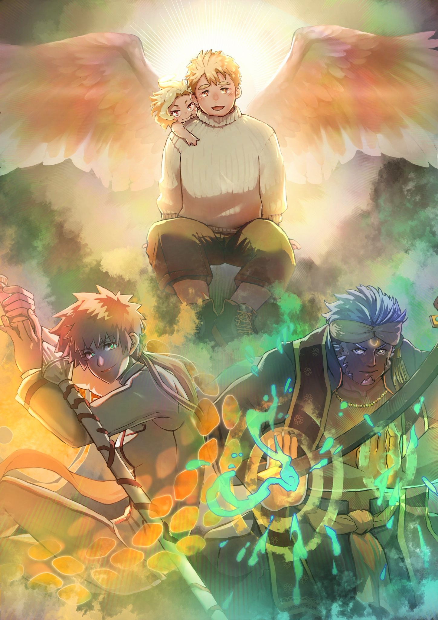 1girl 2boys :d blonde_hair brown_eyes cherub closed_mouth cupid_(housamo) feathered_wings highres kalki_(housamo) long_hair looking_at_viewer medium_hair multiple_boys muscular open_mouth pectorals puti_bisen short_hair simple_background smile sunlight tareme taromaiti_(housamo) tennouji_shin'ya tokyo_houkago_summoners wings