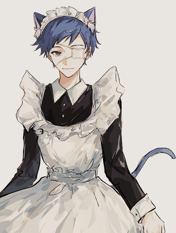 1boy alternate_costume animal_ear_fluff animal_ears apron black_dress blue_hair buttons cat_boy cat_ears cat_tail closed_mouth collared_dress cowboy_shot crossdressing crossdressing_(mtf) dress duzhanjiekedewenrou enmaided ensemble_stars! eyepatch frilled_apron frills fushimi_yuzuru grey_background happy kemonomimi_mode light_smile long_dress looking_at_viewer maid maid_headdress male_focus medical_eyepatch mole mole_under_eye purple_eyes short_hair simple_background solo tail white_apron white_sleeve_cuffs