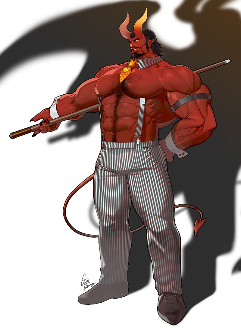 1boy abs arm_behind_back arm_hair armband artist_name bara beard biceps black_hair black_nails chest_hair collar colored_skin cue_stick demon demon_boy facial_hair gomtang hairy horns large_pectorals looking_at_viewer male_focus manly mature_male muscular muscular_arms muscular_male nail_polish necktie nipple_clamps nipples no_shirt open_mouth original pants pectorals pointy_ears red_eyes red_skin shoes short_hair signature solo teeth thick_eyebrows thighs veins veiny_arms