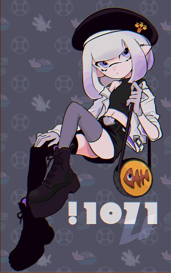 1girl bag beret black_boots black_hat black_shirt black_skirt boots chum_(splatoon) commentary crop_top earrings fish_stick_(splatoon) full_body gloves gradient_hair grey_background grey_thighhighs griller_(splatoon) handbag hat imaikuy0 inkling inkling_girl inkling_player_character jacket jewelry lace-up_boots miniskirt multicolored_hair multiple_earrings nintendo open_clothes open_jacket platform_boots platform_footwear pointy_ears purple_eyes purple_hair shirt short_hair skirt sleeveless sleeveless_shirt solo splatoon_(series) symbol-only_commentary tentacle_hair thighhighs two-tone_hair white_hair white_jacket