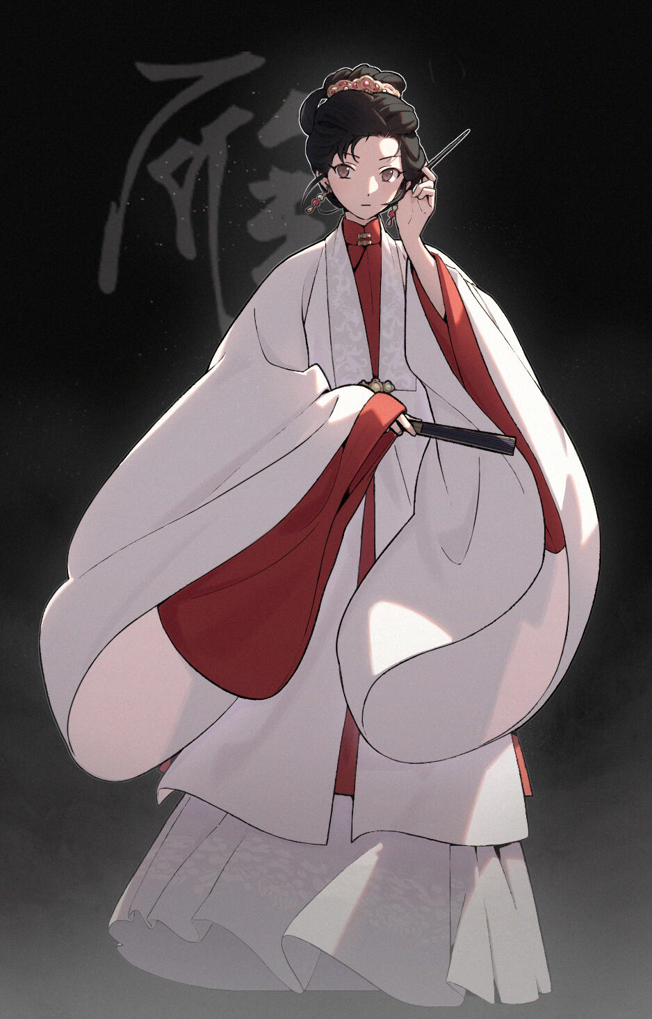 1girl bad_source beizi_(clothing) black_background black_hair brown_eyes chinese_clothes chinese_text earrings folded_fan folding_fan full_body hair_ornament hand_fan hand_up hanfu highres holding holding_fan jewelry long_sleeves looking_at_viewer original pankou robe shuangju solo standing updo wide_sleeves