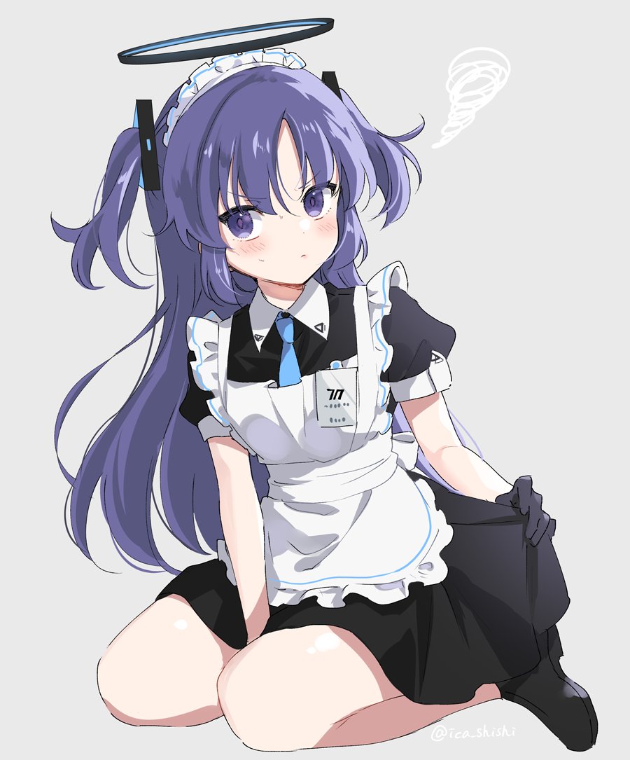 1girl alternate_costume angry apron blue_archive blush grey_background halo ica image_sample maid sitting solo twitter_sample yuuka_(blue_archive)
