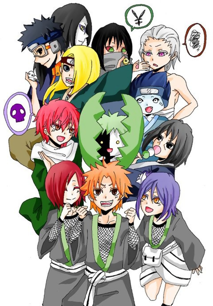 1girl :d ^_^ aged_down akatsuki_(naruto) black_eyes black_hair blonde_hair blue_eyes blue_hair brown_eyes closed_eyes colored_sclera colored_skin dango dark-skinned_male dark_skin deidara_(naruto) ebi_pasta eyeliner fishnets flower flower_on_head food forehead_protector goggles green_hair grey_hair hair_over_one_eye hands_on_own_hips hidan_(naruto) hoshigaki_kisame japanese_clothes kakuzu_(naruto) kimono konan_(naruto) makeup mask multicolored_skin multiple_boys nagato_(naruto) no_shirt open_mouth orange_eyes orange_hair orochimaru_(naruto) pale_skin plant purple_eyes red_hair sasori_(naruto) sharp_teeth sleeves_past_wrists slit_pupils smile speech_bubble spoken_skull spoken_squiggle squiggle teeth time_paradox uchiha_itachi uchiha_obito venus_flytrap wagashi yahiko_(naruto) yellow_eyes zetsu_(naruto)