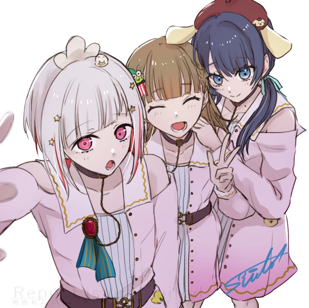 :d :o ahiru_no_pekkle black_choker blue_eyes blue_hair blue_ribbon bob_cut braid brown_hair center-flap_bangs character_hair_ornament choker closed_mouth clothing_cutout collarbone colored_inner_hair commentary_request dark_blue_hair diagonal_bangs dollchestra dream_believers dress grey_hair hair_ornament hair_ribbon hasunoue_keroppi inverted_bob kachimachi_kosuzu kero_kero_keroppi layered_dress link!_like!_love_live! long_hair long_sleeves looking_at_viewer love_live! low_twintails mole mole_on_neck multicolored_hair murano_sayaka official_alternate_costume open_mouth pink_dress pink_eyes pompompurin red_hair ribbon sanrio short_hair shoulder_cutout side_braids signature simple_background smile split_mouth star_(symbol) star_hair_ornament straight_hair streaked_hair suito twintails virtual_youtuber white_background yugiri_tsuzuri