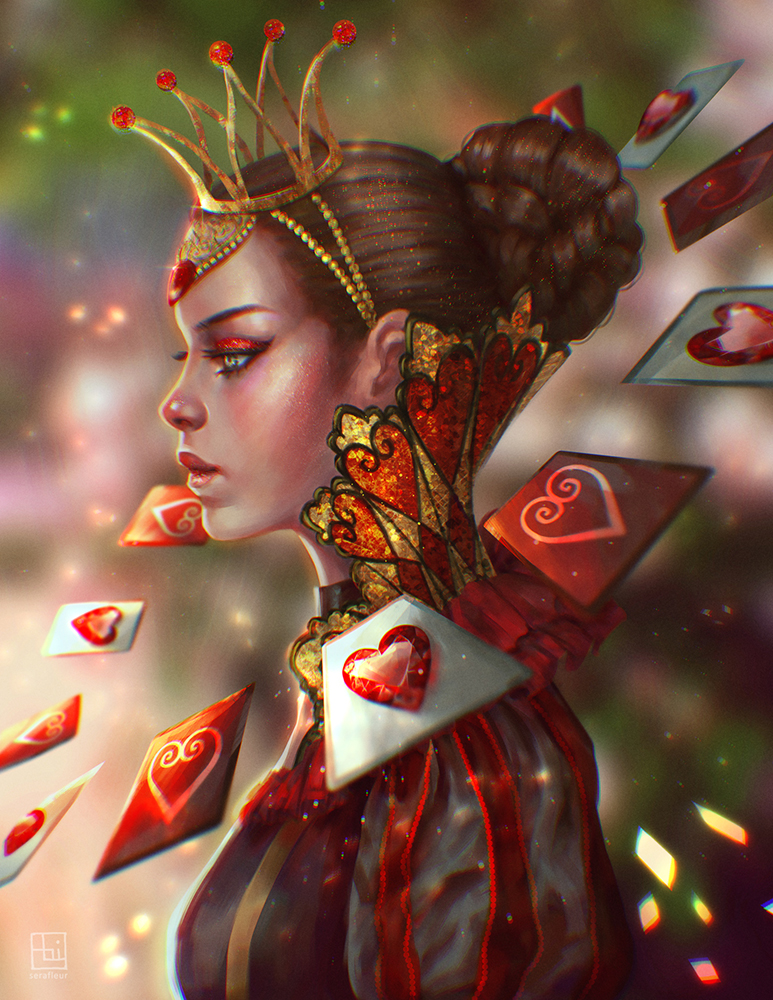 1girl ace_(playing_card) ace_of_hearts alice_in_wonderland black_dress blurry blurry_background braid braided_bun brown_hair card closed_mouth collar commentary crown detached_collar dress english_commentary expressionless eyelashes eyeshadow floating_card from_side garden green_eyes grey_sleeves hair_bun heart heart_print light_particles lipstick makeup medici_collar outdoors pink_lips playing_card puffy_short_sleeves puffy_sleeves queen_of_hearts_(alice_in_wonderland) realistic red_collar red_eyeshadow red_sleeves serafleur short_hair short_sleeves signature single_hair_bun solo thick_eyebrows two-tone_collar two-tone_sleeves upper_body vertical-striped_sleeves yellow_collar yellow_crown