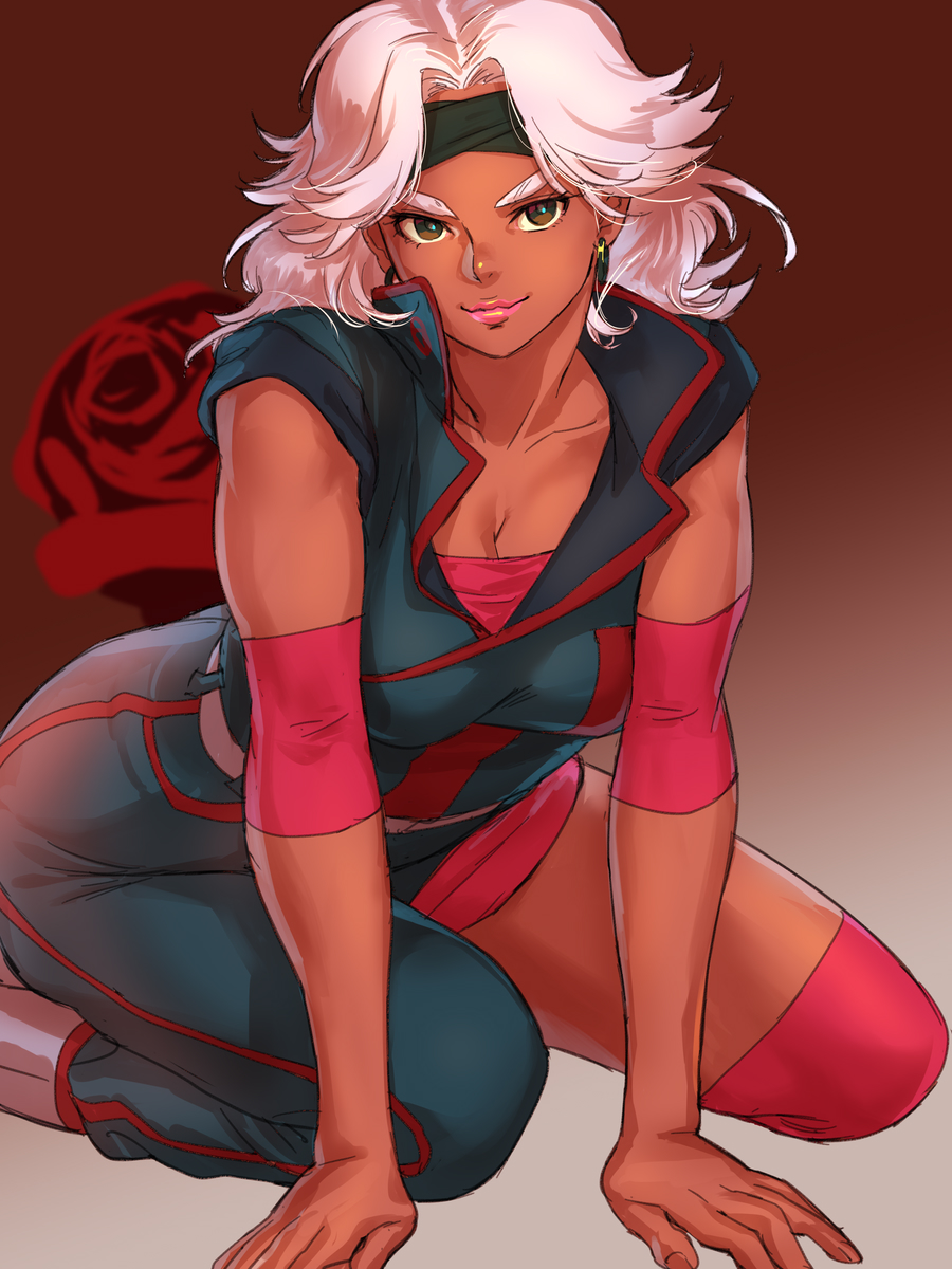 1girl asymmetrical_clothes breasts brown_eyes cleavage closed_mouth collarbone dark-skinned_female dark_skin earrings flower gradient_background green_headband hair_intakes headband highres jewelry kikou_senki_dragonar large_breasts lee_sue_min lips medium_hair pink_hair pink_lips red_flower red_rose rose short_hair smile solo thick_eyebrows yuccoshi