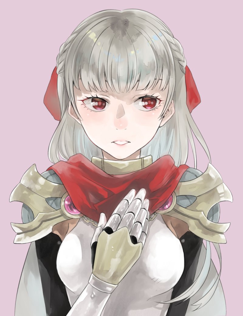 1girl armor black_gloves boobplate braid breastplate breasts cape commentary_request gauntlets gloves grey_hair half_up_braid looking_afar looking_to_the_side medium_breasts official_alternate_costume parted_lips pauldrons pink_background ragnarok_online red_cape red_eyes rune_knight_(ragnarok_online) shoulder_armor simple_background solo upper_body yutsuki