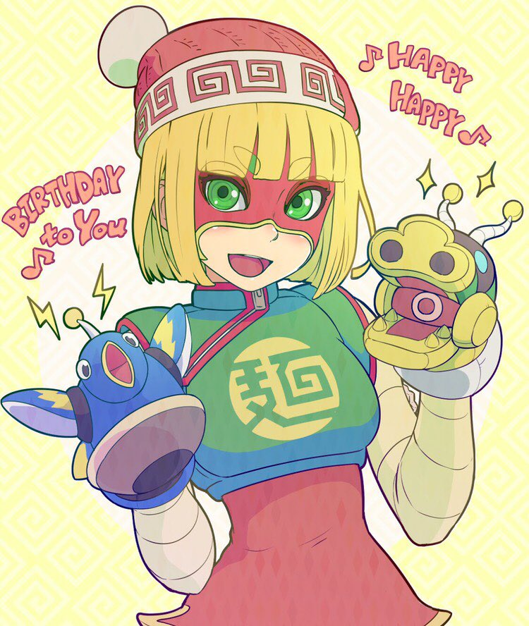 1girl arms_(game) beanie blonde_hair chinese_clothes domino_mask dragon dragon_(arms) facepaint female_focus food gloves green_eyes hat hitohito looking_at_viewer mask min_min_(arms) noodles short_hair simple_background smile solo thunderbird_(arms)