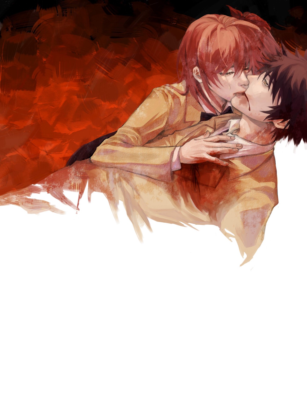 1boy 1girl an_(xxcyclotron) black_hair blazer blood blood_from_mouth blood_on_clothes brown_jacket chaos;head chinese_commentary closed_eyes collared_shirt commentary_request cropped_torso crying dying hair_ribbon half-closed_eyes hand_on_another's_chest highres injury jacket kiss lapels long_hair negative_space nishijou_takumi one_side_up pink_hair red_background red_ribbon ribbon sakihata_rimi school_uniform shirt short_hair spoilers white_background white_shirt yellow_eyes