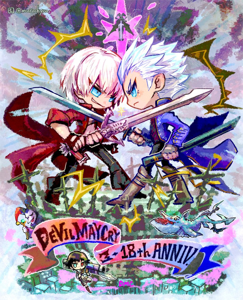 1girl 3boys anniversary artist_name blue_coat blue_eyes coat copyright_name dante_(devil_may_cry) deformed demon devil_may_cry devil_may_cry_(series) devil_may_cry_3 eputo_(murockyou) fingerless_gloves gloves green_eyes heterochromia holding holding_sword holding_weapon jester_(dmc3) kalina_ann_(weapon) lady_(devil_may_cry) multiple_boys rebellion_(sword) red_coat red_eyes sparda sword vergil_(devil_may_cry) weapon white_hair yamato_(sword)