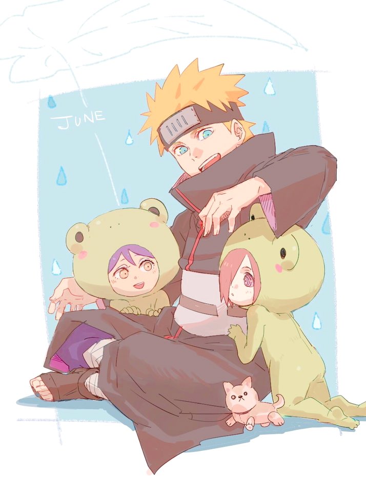 1girl 2boys aged_down animal_costume frog_costume konan_(naruto) meitarou multiple_boys nagato_(naruto) naruto_(series) naruto_shippuuden open_mouth orange_hair rinnegan short_hair sitting smile time_paradox wide_sleeves yahiko_(naruto)