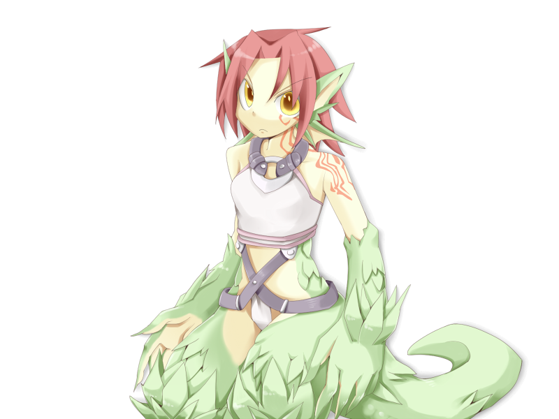 1girl animal_ears bmp-to-png_conversion breasts closed_mouth clothing_request colored_skin cowboy_shot dragon_ears dragon_girl dragon_tail facial_tattoo fins frfr game_cg granberia green_skin hair_intakes head_fins light_frown looking_at_viewer medium_breasts mon-musu_quest! monster_girl neck_tattoo non-web_source pointy_ears red_hair scales short_hair simple_background solo tail tattoo transparent_background v-shaped_eyebrows yellow_eyes yellow_skin