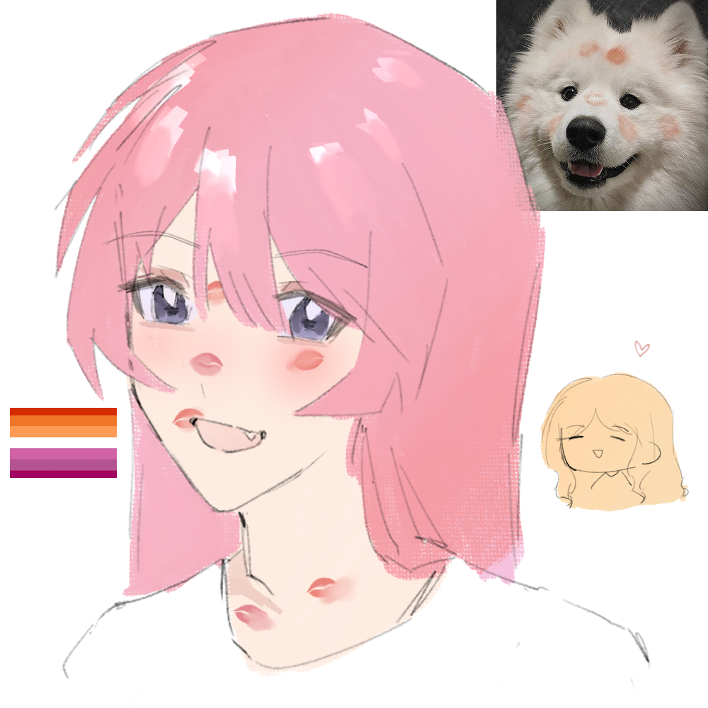 2girls 8gatsuhanabi bang_dream! bang_dream!_it&#039;s_mygo!!!!! chihaya_anon closed_eyes commentary dog fang heart lesbian_flag lipstick_mark lipstick_mark_on_face lipstick_mark_on_neck long_hair looking_at_viewer multiple_girls nagasaki_soyo open_mouth pink_hair purple_eyes smile symbol-only_commentary yuri