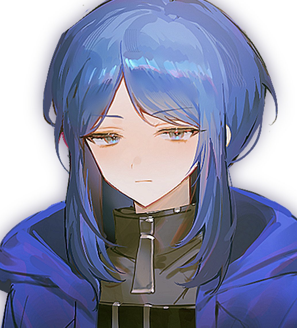 1girl bari_(project_moon) black_jacket blue_eyes blue_hair bonno_sasu closed_mouth jacket limbus_company looking_at_viewer parted_bangs portrait project_moon short_hair simple_background solo white_background zipper
