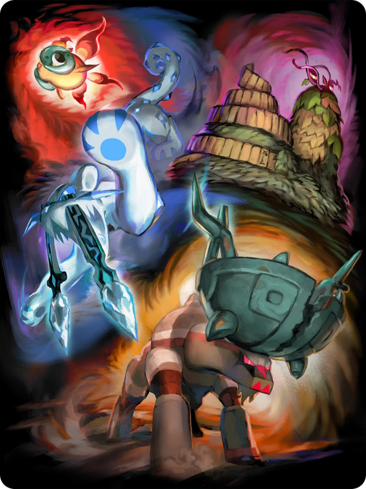 animal_focus black_background blue_eyes chi-yu_(pokemon) chien-pao crack dust half-closed_eyes ice leaf nintendo no_humans official_art pokemon pokemon_(creature) pokemon_focus pokemon_home red_eyes third-party_source ting-lu_(pokemon) v-shaped_eyes wo-chien