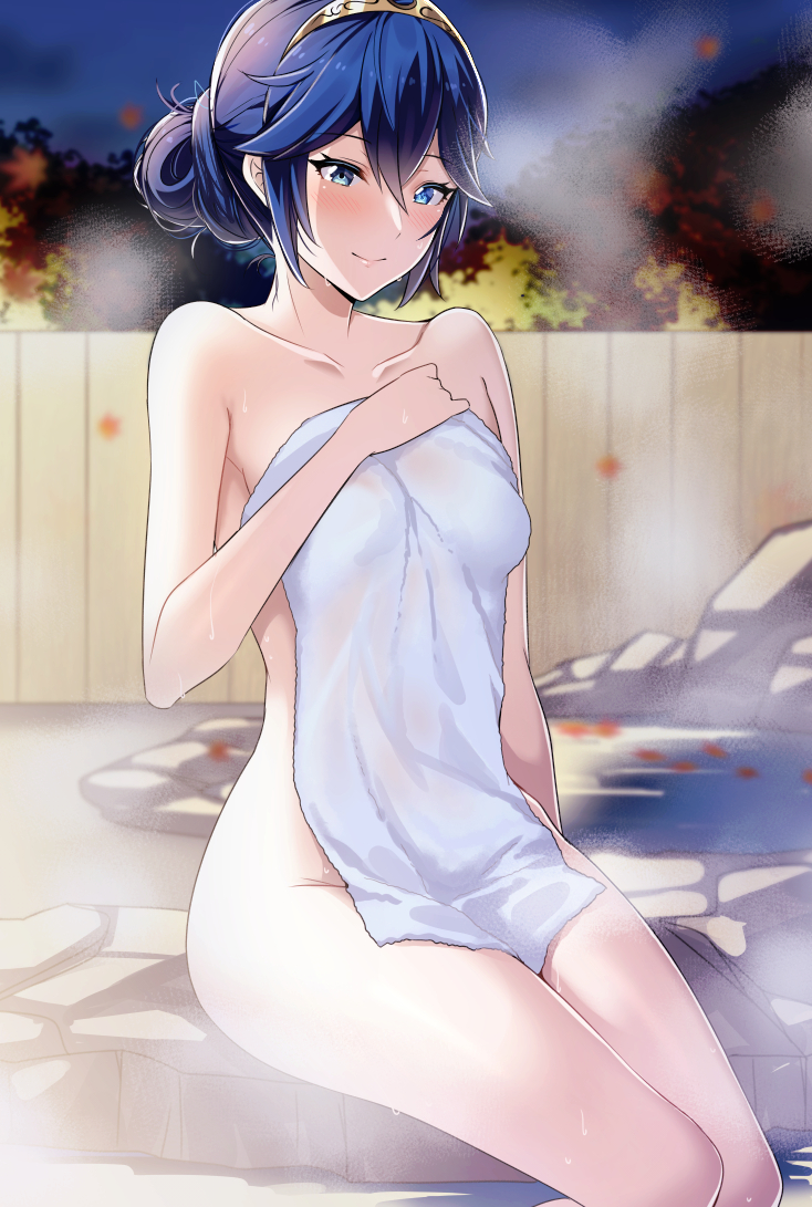 1girl alternate_hairstyle ameno_(a_meno0) blue_eyes blue_hair blush closed_mouth collarbone commentary_request covering_breasts covering_privates covering_stomach fire_emblem fire_emblem_awakening holding holding_towel jewelry lips long_hair looking_at_viewer lucina_(fire_emblem) naked_towel night nintendo nude_cover onsen pink_lips sitting smile solo steam tiara towel wet