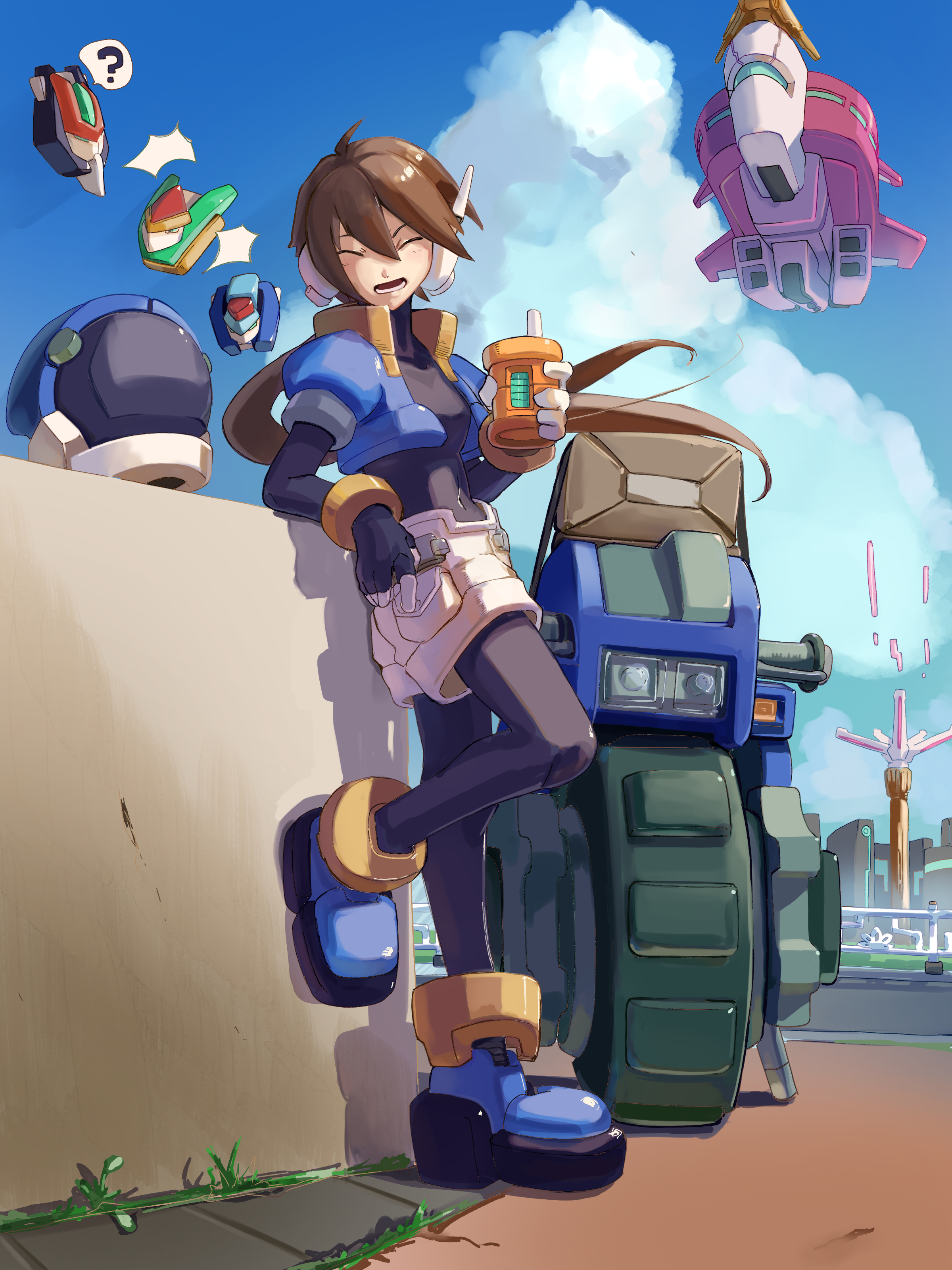 1boy 1girl ? absurdres aile_(mega_man_zx) aircraft biometal black_bodysuit blue_footwear blue_jacket blue_sky bodysuit bodysuit_under_clothes brown_hair can closed_eyes cloud cropped_jacket full_body helmet highres holding holding_can jacket long_hair mega_man_(series) mega_man_zx mega_man_zx_advent model_h_(mega_man) model_x_(mega_man) model_z_(mega_man) motor_vehicle motorcycle omochi_(mochi_skymega) open_clothes open_jacket open_mouth outdoors ponytail robot_ears short_hair shorts sky solo_focus speech_bubble spoken_question_mark white_shorts