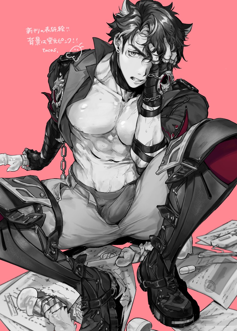 1boy abs bara bare_pectorals black_gloves black_hair briefs bulge earrings erection erection_under_clothes fingerless_gloves genshin_impact gloves grey_hair highres jewelry large_pectorals looking_at_viewer male_focus male_underwear mature_male multicolored_hair muscular muscular_male necktie nipples open_clothes pants pectorals pink_background scar short_hair simple_background solo telbo_z thighs underwear veins wriothesley_(genshin_impact)