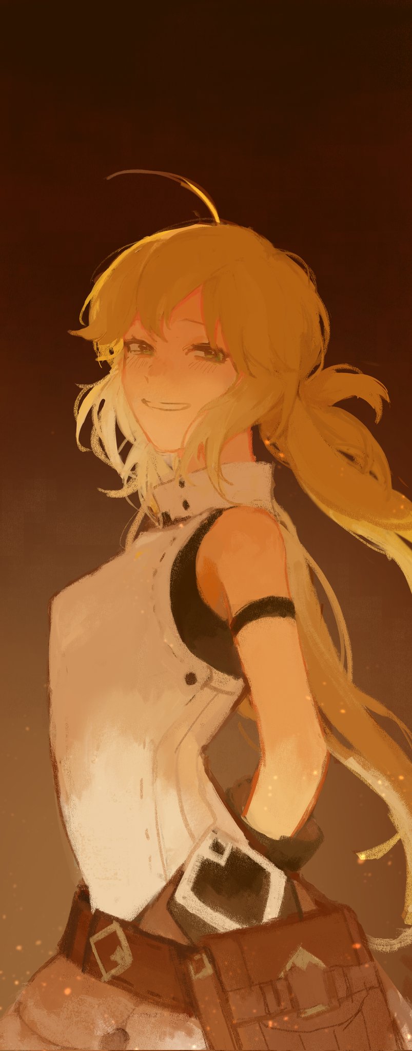 1girl ahoge armlet arms_behind_back artoria_caster_(fate) artoria_caster_(first_ascension)_(fate) artoria_pendragon_(fate) bare_shoulders belt belt_pouch black_armlet black_shirt blonde_hair blush breasts brown_gloves cowboy_shot denoia eyelashes fate/grand_order fate_(series) floating_hair gloves gradient_background green_eyes highres jewelry long_hair looking_at_viewer low_twintails no_headwear pouch shirt sidelocks skirt sleeveless sleeveless_shirt smile solo turtleneck twintails white_shirt