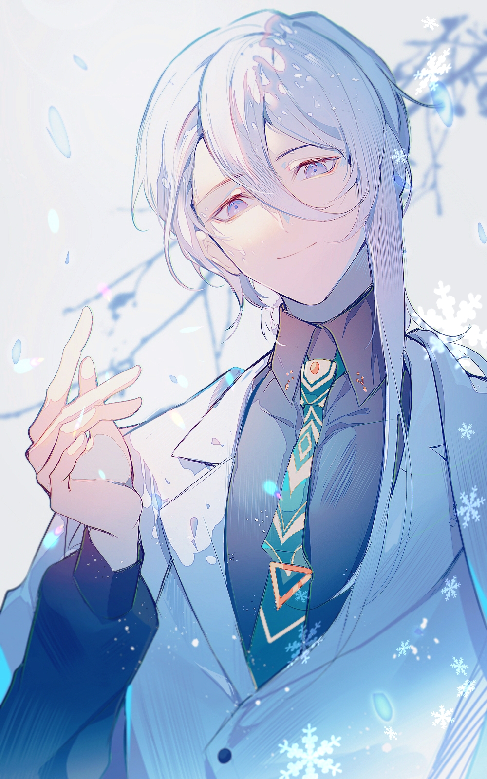 1boy aqua_necktie bare_tree black_shirt cael_anselm chinese_commentary closed_mouth collared_shirt hair_between_eyes hand_up head_tilt highres jacket jacket_on_shoulders long_bangs long_hair long_sleeves looking_at_viewer lovebrush_chronicles low_ponytail male_focus nash5 necktie ponytail print_necktie purple_eyes shirt single_sidelock smile snowflakes snowing solo tie_clip tree upper_body vest white_hair white_jacket white_vest