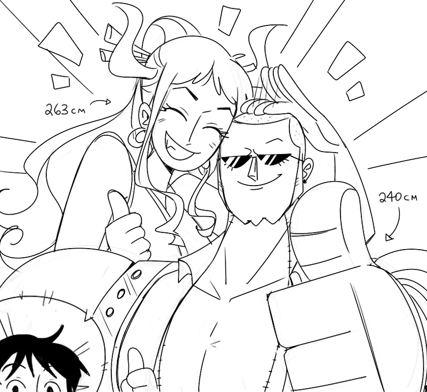 1girl 2boys ^_^ buzz_cut cesel closed_eyes commentary english_commentary franky_(one_piece) greyscale hair_ornament hat horns looking_at_viewer monkey_d._luffy monochrome multiple_boys one_piece ponytail short_hair sideburns sidelocks straw_hat sunglasses thumbs_up v-shaped_eyebrows very_short_hair yamato_(one_piece)