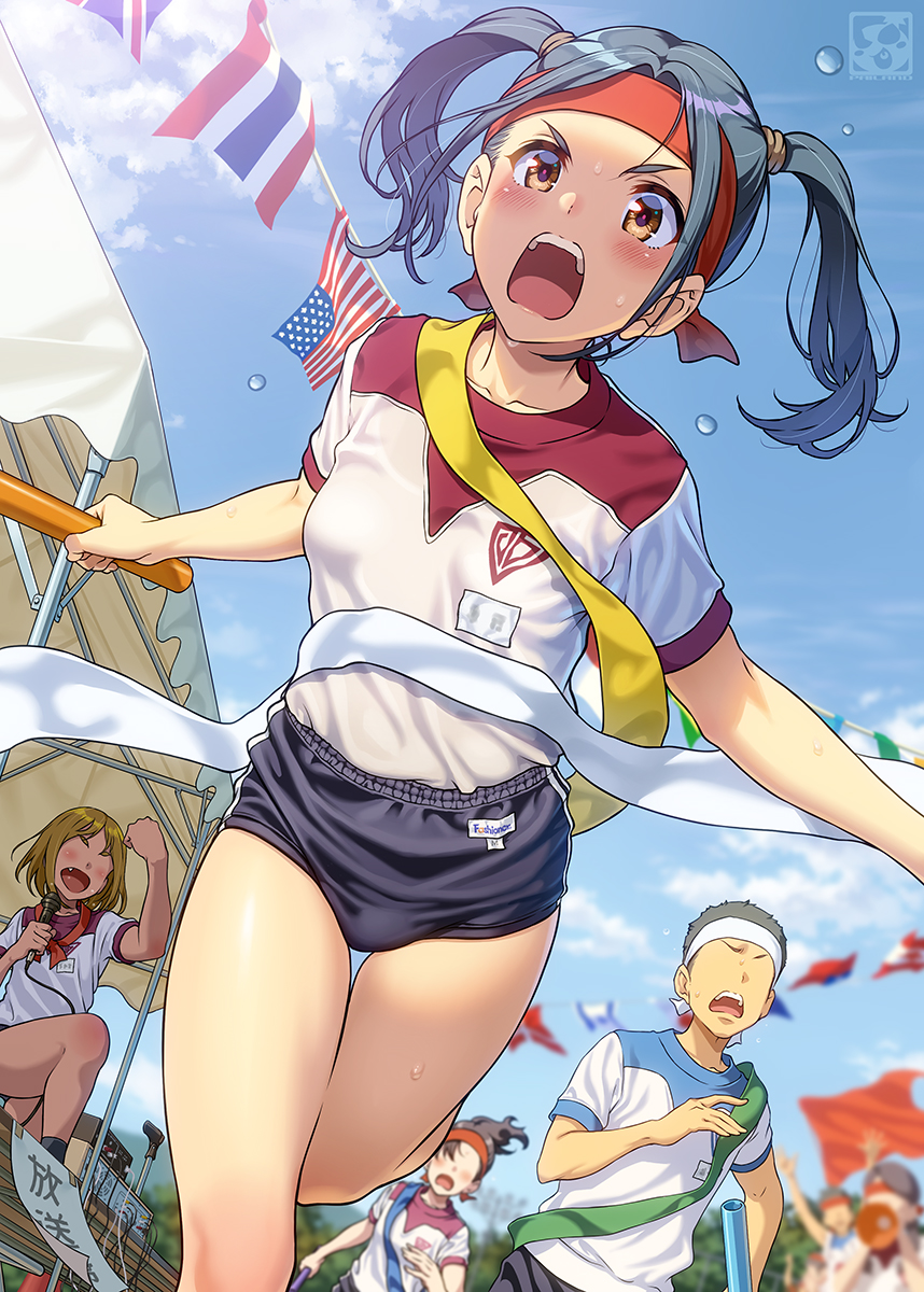 1boy 3girls blue_hair breasts brown_eyes buruma finish_line flags_of_all_nations gym_uniform headband highres medium_hair multiple_girls name_tag open_mouth original outdoors pairan racing relay_baton relay_race shirt small_breasts solo_focus sports_festival string_of_flags twintails white_shirt