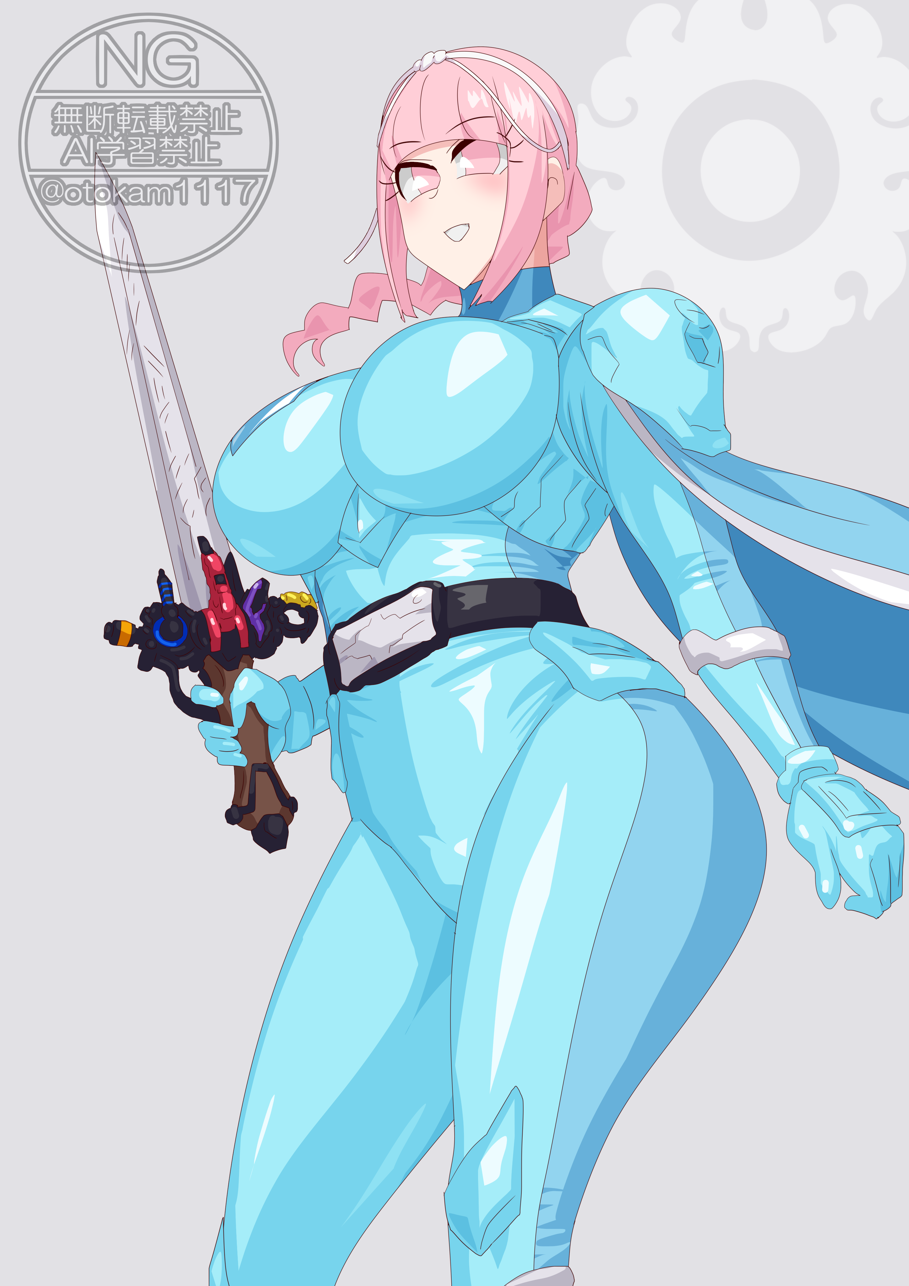 1girl armored_bodysuit bakuage_sentai_boonboomger bodysuit holding holding_weapon nicola_keydoor no_headwear ohsama_sentai_king-ohger otokamu pink_eyes pink_hair super_sentai sword weapon