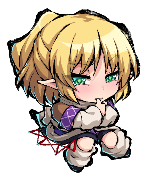 1girl arm_warmers biting biting_own_thumb black_footwear black_skirt blonde_hair blush brown_shirt chibi chibi_only closed_mouth commentary_request full_body green_eyes half_updo looking_at_viewer loose_socks mizuhashi_parsee pointy_ears scarf shirt short_hair short_sleeves simple_background skirt socks solo touhou umarutsufuri v-shaped_eyebrows white_background white_scarf white_socks