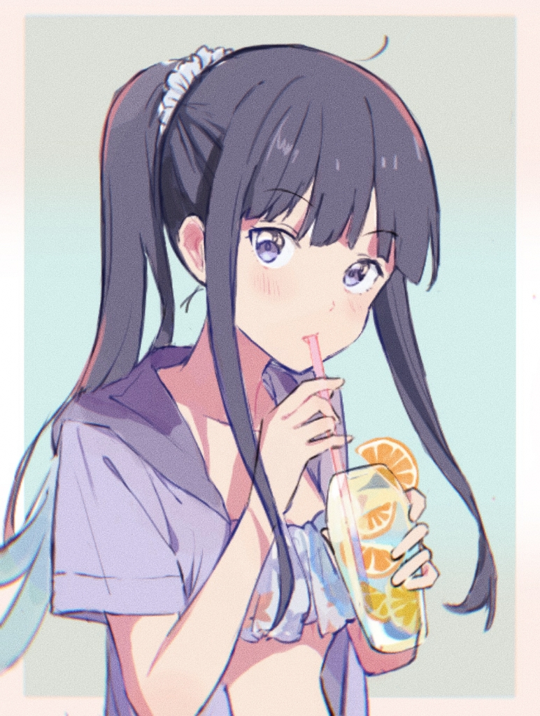 1girl bikini black_hair blush border collarbone commentary drinking_straw drinking_straw_in_mouth hair_ornament hair_scrunchie hood hood_down hooded_jacket inoue_takina jacket long_hair looking_at_viewer lycoris_recoil open_clothes open_jacket outside_border ponytail purple_eyes purple_jacket scrunchie sidelocks solo stomach swimsuit upper_body white_bikini white_border yamabukiyuki