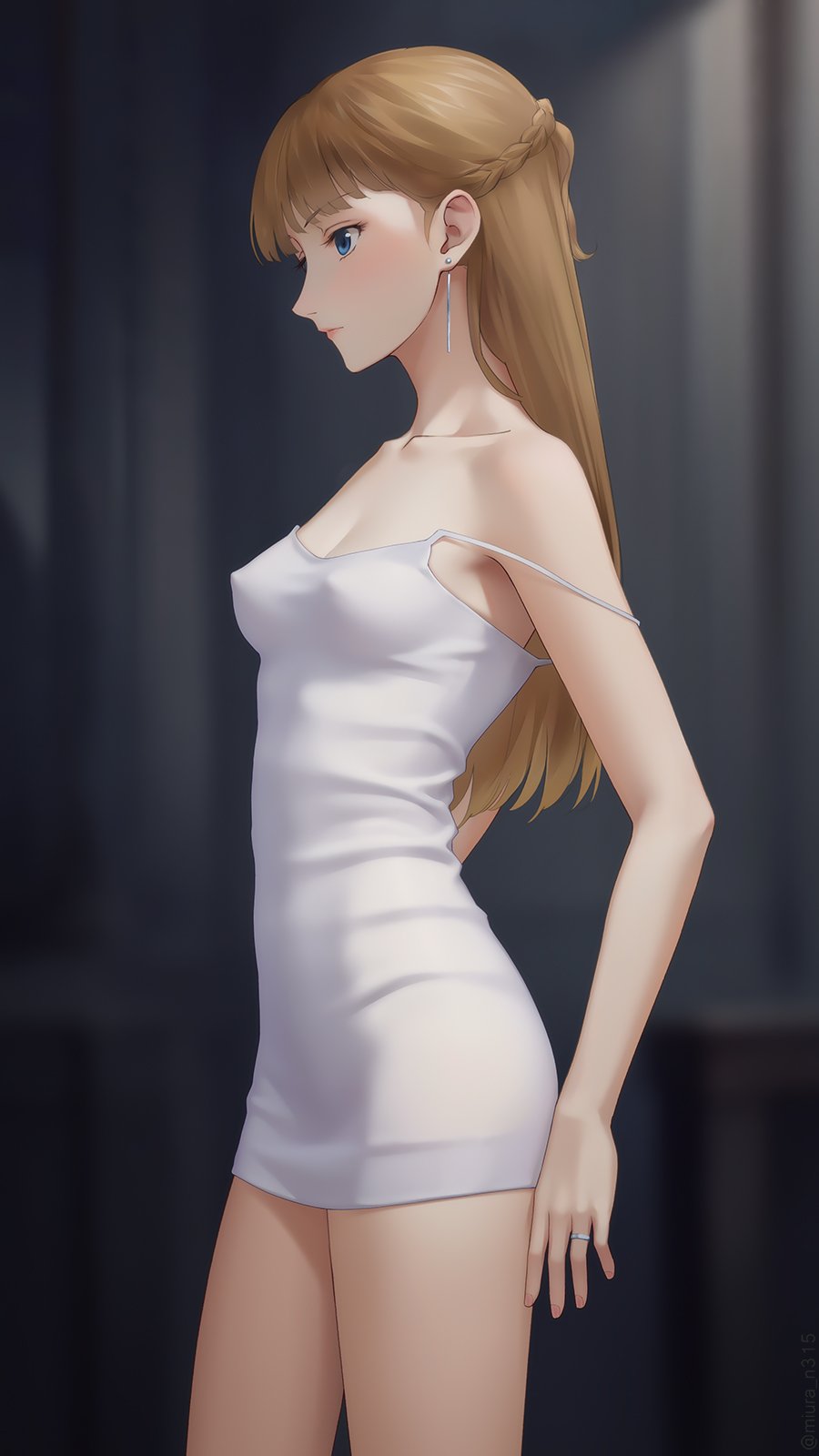 1girl artist_name bare_legs blurry blurry_background breasts brown_hair camisole commentary covered_erect_nipples earrings from_side gundam gundam_wing highres jewelry long_hair medium_breasts miura-n315 no_bra relena_peacecraft solo strap_slip thighs tight_clothes twitter_username white_camisole