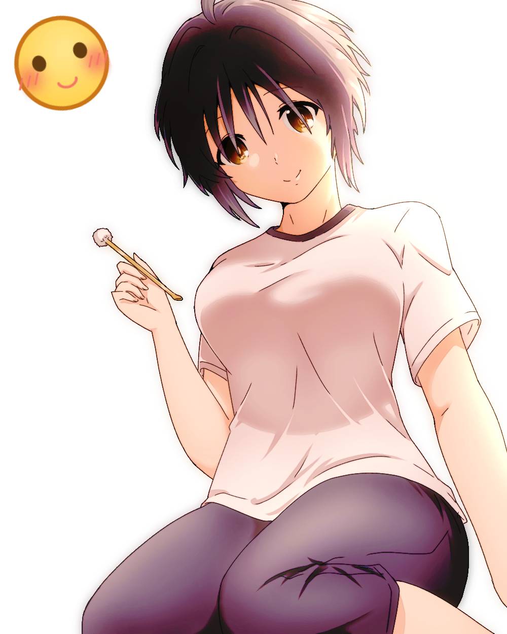 1girl 22/7 black_hair black_pants brown_eyes capri_pants closed_mouth feet_out_of_frame from_behind highres hitorilily looking_at_viewer looking_down mimikaki pants shirt short_hair short_sleeves simple_background sitting smile smile_emoji solo t-shirt takigawa_miu wariza white_background white_shirt