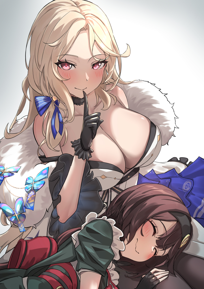 1girl 2girls apron bare_shoulders black_gloves black_kimono black_thighhighs blonde_hair blue_ribbon blush breasts brown_hair cleavage closed_mouth coat collarbone finger_to_mouth frilled_apron frills fur-trimmed_coat fur-trimmed_kimono fur_trim gloves goddess_of_victory:_nikke green_kimono hair_ribbon hatenoga japanese_clothes kimono lap_pillow large_breasts long_hair ludmilla_(nikke) ludmilla_(winter_owner)_(nikke) mica_(nikke) mica_(snow_buddy)_(nikke) multiple_girls official_alternate_costume parted_bangs pink_eyes ribbon shushing smile solo thighhighs two-tone_kimono white_kimono