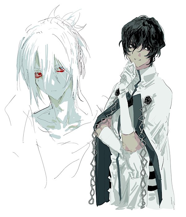 2boys arjuna_(fate) arjuna_(third_ascension)_(fate) black_eyes black_hair blue_eyes cloak dark-skinned_male dark_skin eyeshadow eyeshadow_under_eye fate/grand_order fate_(series) gloves hair_between_eyes heterochromia indian_clothes karna_(fate) looking_at_viewer makeup male_focus multiple_boys ngg_n pale_skin red_eyes red_eyeshadow short_hair simple_background smile white_background white_gloves white_hair