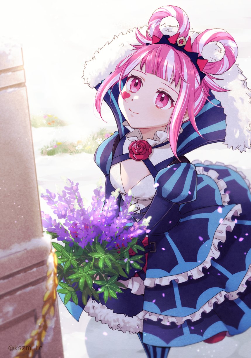1girl aqua_pantyhose blunt_bangs bouquet cross-laced_clothes cross-laced_dress dress facial_mark fire_emblem fire_emblem_engage flower folded_twintails fur_wrist_cuffs hair_flaps hair_rings heart heart_facial_mark highres holding holding_bouquet hortensia_(fire_emblem) kszm_fe multicolored_hair multicolored_tiara nintendo pantyhose pink_eyes pink_hair sidelocks smile solo striped_clothes striped_dress two-tone_hair two-tone_pantyhose vertical-striped_clothes vertical-striped_dress wrist_cuffs