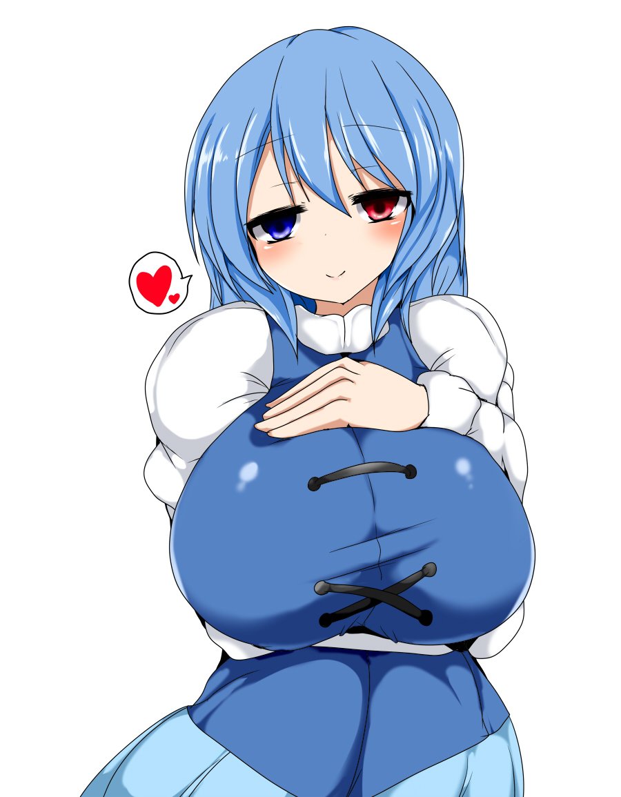 1girl arm_under_breasts blue_eyes blue_hair blush breasts female_focus heart heterochromia huge_breasts juliet_sleeves karakasa_obake long_sleeves looking_at_viewer puffy_sleeves red_eyes solo spoken_heart taku_(yakumodaisuki) tatara_kogasa touhou umbrella