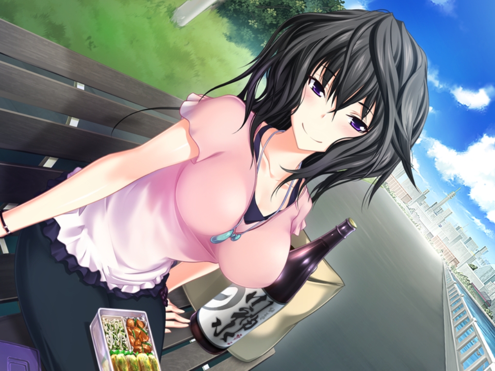 1girl alcohol arm_support black_hair blush bottle breasts cloud day dutch_angle female_focus game_cg impossible_clothes impossible_shirt jewelry kawagishi_keitarou large_breasts long_hair looking_at_viewer maji_de_watashi_ni_koi_shinasai! maji_de_watashi_ni_koi_shinasai!_s messy_hair musashibou_benkei necklace purple_eyes sake shirt sitting sky smile solo