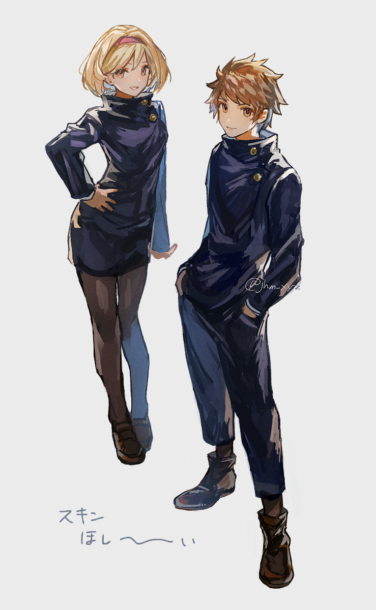 1boy 1girl black_jacket black_pants black_skirt blonde_hair brown_eyes brown_hair cosplay djeeta_(granblue_fantasy) gran_(granblue_fantasy) granblue_fantasy hairband hand_on_own_hip hands_in_pockets high_collar highres itadori_yuuji itadori_yuuji_(cosplay) jacket jhm_xyz jujutsu_kaisen kugisaki_nobara kugisaki_nobara_(cosplay) pants pink_hairband short_hair simple_background skirt smile translation_request twitter_username white_background
