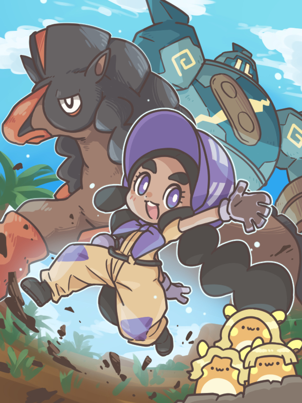 1girl :d alolan_dugtrio alolan_dugtrio_(cosplay) alolan_form alolan_raichu black_hair black_shoes bonnet bright_pupils cafe_(chuu_no_ouchi) cloud commentary_request cosplay day eyelashes gen_5_pokemon gen_7_pokemon gloves golurk hapu_(pokemon) jumpsuit long_hair mudsdale nintendo open_mouth outdoors pokemon pokemon_(creature) pokemon_sm purple_eyes shoes sky smile teeth upper_teeth_only white_pupils wig