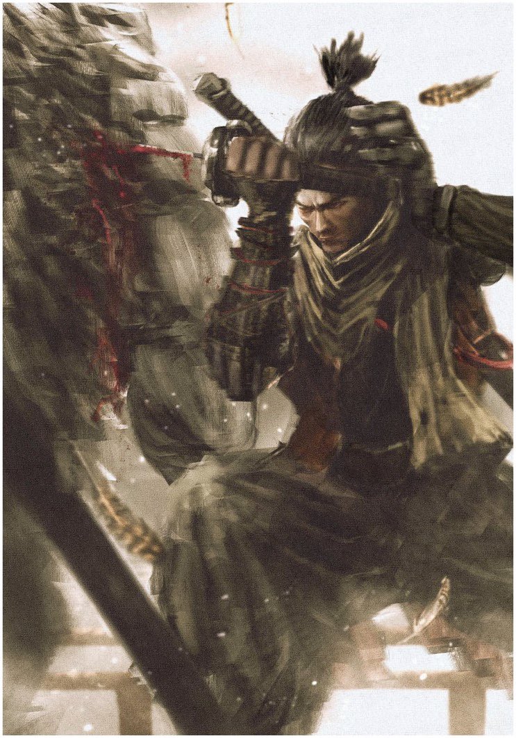 backstab beard capelet coat facial_hair feathers fromsoftware fur_capelet graffitigw great_shinobi_owl grey_scarf holding holding_sword holding_weapon katana male_focus mechanical_arms ninja old old_man orange_coat pleated_pants prosthesis prosthetic_arm scarf sekiro sekiro:_shadows_die_twice single_mechanical_arm sword topknot weapon