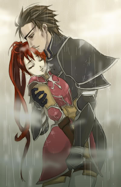 armor black_eyes brown_hair closed_eyes couple eyepatch fire_emblem fire_emblem:_path_of_radiance fire_emblem:_radiant_dawn haar_(fire_emblem) hand_on_shoulder happy holding_hands hug jill_(fire_emblem) long_hair nintendo ponytail rain red_hair short_hair smile wyvern_rider