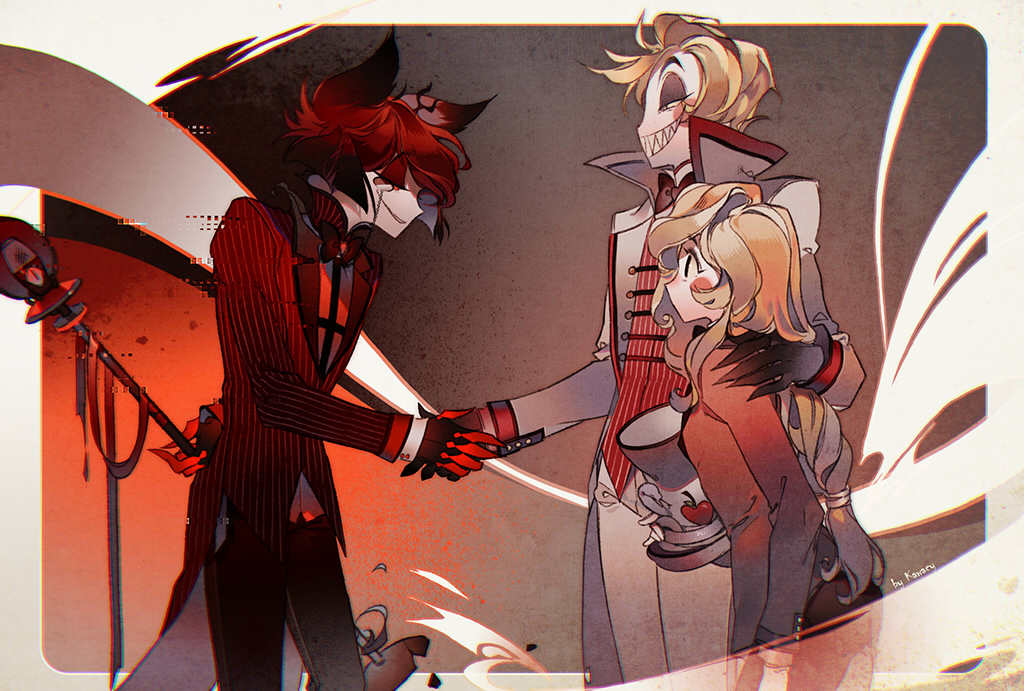 1girl 2boys alastor_(hazbin_hotel) blonde_hair blush_stickers cane charlie_morningstar demon_boy demon_girl father_and_daughter hair_slicked_back handshake hazbin_hotel holding holding_cane kawacy lucifer_morningstar_(hazbin_hotel) multiple_boys pale_skin red_eyes red_hair sharp_teeth teeth