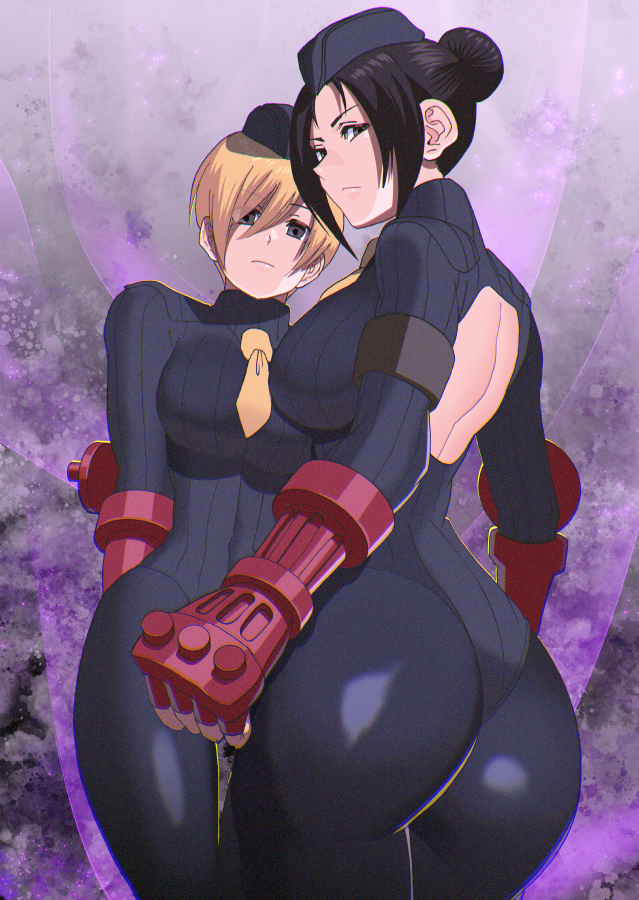 2girls akisu_k armband ass back_cutout black_hair bodysuit breasts brown_eyes capcom clenched_hand clothing_cutout commentary_request expressionless fingerless_gloves from_behind garrison_cap gloves hair_bun hat juli_(street_fighter) juni_(street_fighter) light_brown_hair long_sleeves looking_at_viewer looking_back medium_breasts multiple_girls necktie parted_bangs ribbed_bodysuit shadaloo_dolls shiny_clothes short_hair simple_background skin_tight street_fighter street_fighter_zero_(series) turtleneck