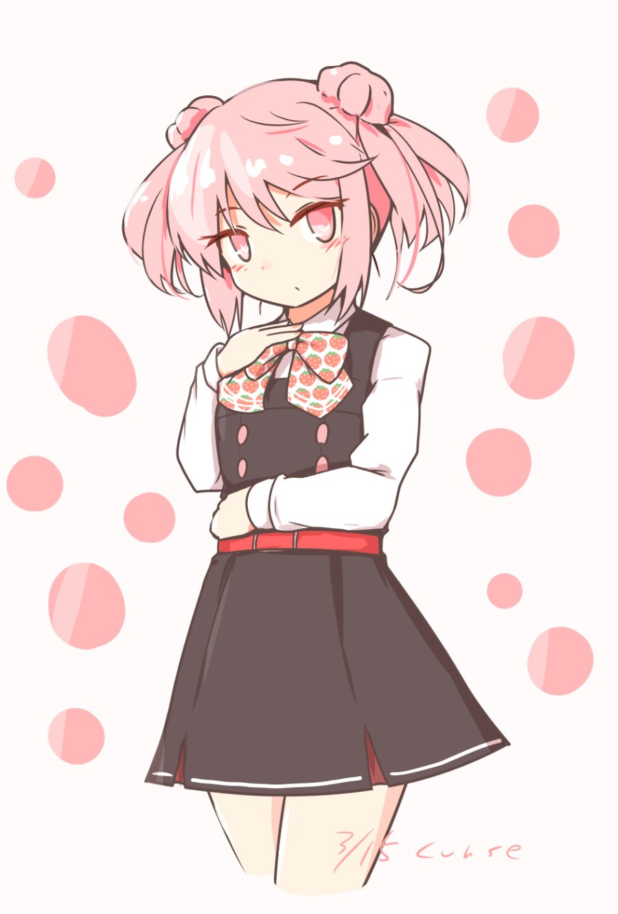 1girl alternate_hair_color black_dress bow bowtie collared_shirt cowboy_shot curse_(023) donut_hair_bun double_bun dress dress_shirt hair_bun hand_on_own_chest highres kantai_collection looking_at_viewer michishio_(kancolle) michishio_kai_ni_(kancolle) pinafore_dress pink_bow pink_bowtie pink_eyes pink_hair shirt sleeveless sleeveless_dress solo standing twintails white_shirt