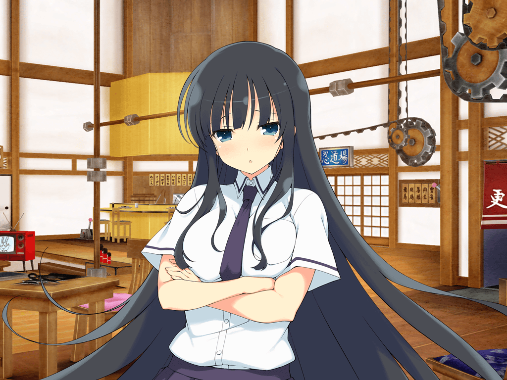 1girl architecture arms_under_breasts black_hair blue_eyes blue_necktie blunt_bangs blush breast_pocket breasts chair closed_mouth crossed_arms east_asian_architecture gears hanzou_academy_school_uniform hime_cut holding ikaruga_(senran_kagura) indoors large_breasts long_hair looking_at_viewer miniskirt necktie ninto_(senran_kagura) official_art pleated_skirt pocket school_uniform senran_kagura senran_kagura_new_link senran_kagura_shoujo-tachi_no_shin&#039;ei shirt short_sleeves shouji skirt sliding_doors solo table very_long_hair weapon white_shirt yaegashi_nan