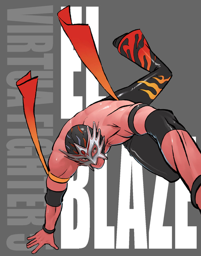 1boy blue_eyes el_blaze elbow_pads flame_print g-room_honten handstand luchador luchador_mask male_focus mask mexico sega simple_background solo topless_male virtua_fighter virtua_fighter_5