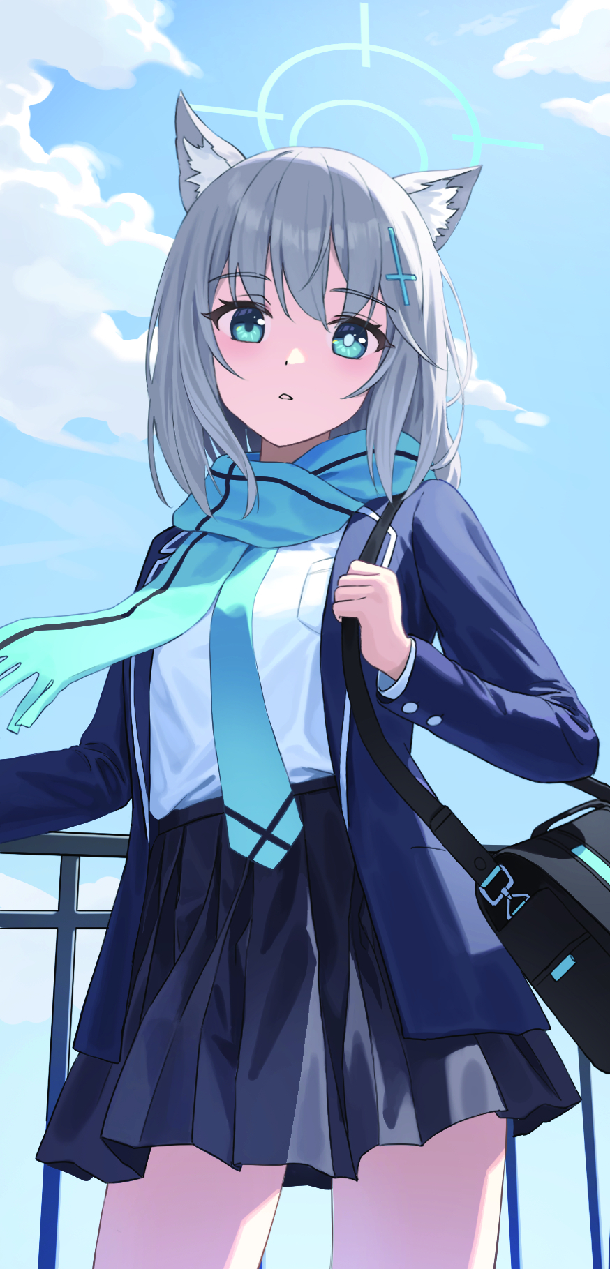 1girl alohayuja animal_ear_fluff animal_ears bad_id bad_pixiv_id bag black_bag black_skirt blue_archive blue_eyes blue_jacket blue_necktie blue_scarf blue_sky bright_pupils cloud commentary_request cowboy_shot cross_hair_ornament day fringe_trim grey_hair hair_ornament halo hand_up high-waist_skirt highres holding jacket korean_commentary long_sleeves looking_at_viewer medium_hair mismatched_pupils necktie open_clothes open_jacket outdoors parted_lips pleated_skirt pocket railing scarf school_uniform shiroko_(blue_archive) shirt shirt_tucked_in shoulder_bag sidelocks skirt sky solo thighs white_pupils white_shirt wolf_ears