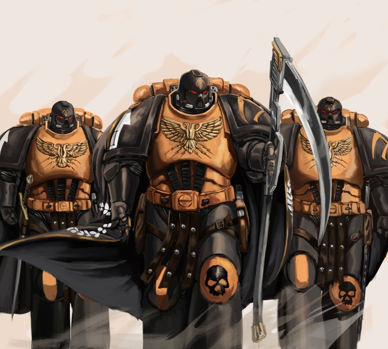 3boys adeptus_astartes aquila_(symbol) armor astartes_(web_animation) cape helmet holding holding_scythe mark_mark multiple_boys pauldrons power_armor scythe scythes_of_the_emperor sheath sheathed shoulder_armor sword warhammer_40k weapon
