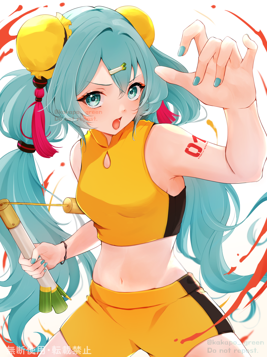 1girl blue_nails bruce_lee bruce_lee_(cosplay) bun_cover cosplay double_bun eyelashes hair_bun hair_ornament hairclip hatsune_miku highres holding holding_nunchaku holding_weapon kakapo_green long_hair looking_at_viewer midriff navel nunchaku open_mouth shirt shorts shoulder_tattoo solo spring_onion tassel tattoo twintails vocaloid weapon white_background yellow_shirt yellow_shorts